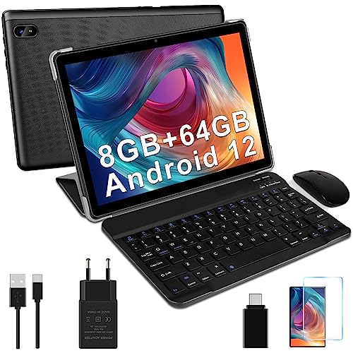 DMOAO Tablet 10 Pulgadas Android 12 con 5G Wi-Fi, HD Tablets con 8GB RAM + 64GB ROM (TF 1TB), GPS, 8 Cores 2.0 GHz, Bluetooth 5.0, USB-C, 6000 mAh, 1280*800, Tablet con Teclado + Ratón + Funda, Nero