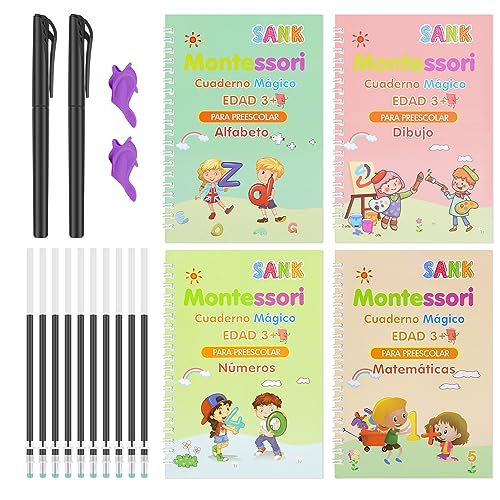 Domeilleur Magicas Libro, 4pcs Caligrafía para Niños, Libros de Caligrafia Magicos Español Libros Sobre Dibujo Matemático, Cuadernos Magicos Caligrafia, Alfabeto y Múmeros con 10 Recargas y 2 Soporte