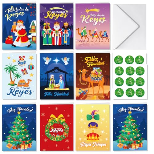 DPKOW 16 Navidad Reyes Magos Tarjetas con Sobre Pegatinas, Español Tarjetas de Felicitación Navidad Reyes Magos Cartas para Navidad Reyes Magos Regalo Artículos, Nacimientos de Navidad Belen Reyes