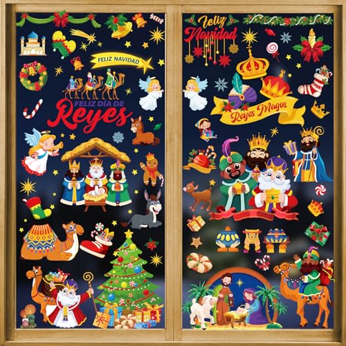 DPKOW Navidad Reyes Magos Pegatinas de Ventanas Decoración, Navidad Nacimiento Pegatinas de Ventanas para Reyes Magos Navidad Pared Puerta Casa Decoración, Feliz Navidad Reyes de Pegatinas Decorativas