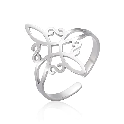 Dreamtimes Anillo de nudo de bruja para mujer de acero inoxidable, ajustable abierto para dedo celta cuaternario Wiccan brujas nudo amuleto de brujería joyería regalo de cumpleaños (plata)