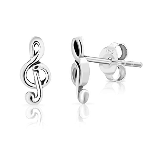 DTPsilver® Aretes de Plata Pequeños - Pendientes Mujer Plata de Ley 925 - Clave de Sol/Música - Dimensión: 4 x 10 mm