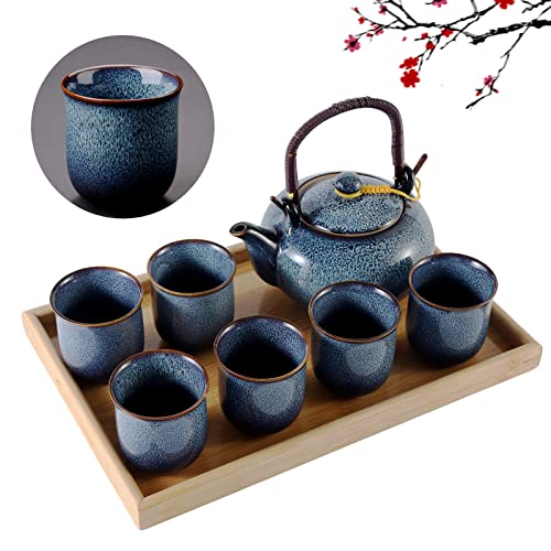 DUJUST Juego de té japonés para 6, juego de té de porcelana de esmalte alterado en el horno con 1 tetera, juego de té chino único para adultos/amantes del té/mujeres/hombres, azul claro