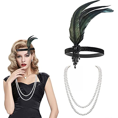 DULSPUE Diadema con Flapper de los años 20, Collar de Perlas sintéticas, Diadema de los años 20, Solapa de Cuentas, Diadema de Plumas Gatsby, joyería de Disfraces de Fiesta.