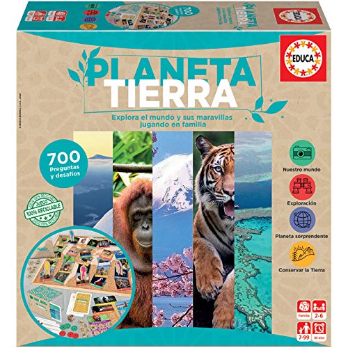 Educa - Planeta Tierra, Juego de Mesa Familiar con 700 Preguntas realizado con Materiales 100% reciclados (18707)