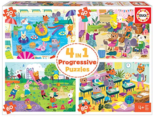 Educa - Puzzles Progresivos Infantiles con 20, 40, 60 y 80 Piezas. 4 en 1 Un Día en la Escuela. A Partir de 4 años (18904)
