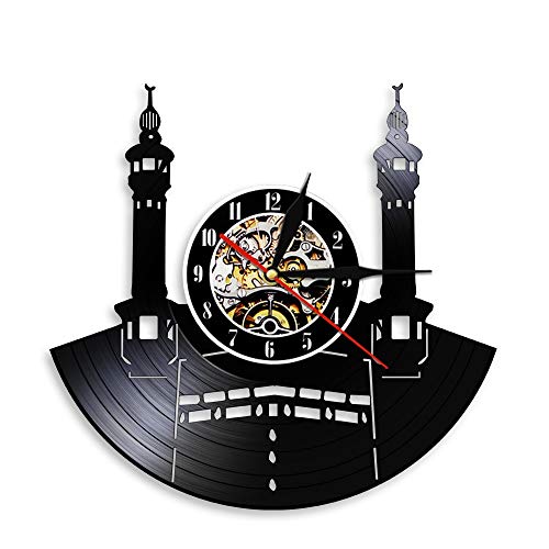 Eld Famosa Ciudad Meca Signo de Pared Disco de Vinilo Reloj de Pared Reloj de Pared islámico Vintage Kaba Arquitectura Decoración para el hogar Reloj Regalo Día de la Madre Regalo Relojes de Arte