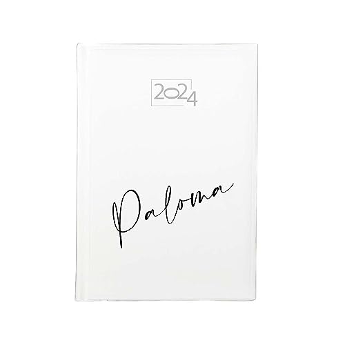 Elegante Agenda Blanca 2024 PERSONALIZADA con tu nombre. Tapa Dura Acolchada de Polipiel, 12 Meses, Página por día de Lunes a Viernes, Mapa de España, Tamaño A5, Marca páginas incluido