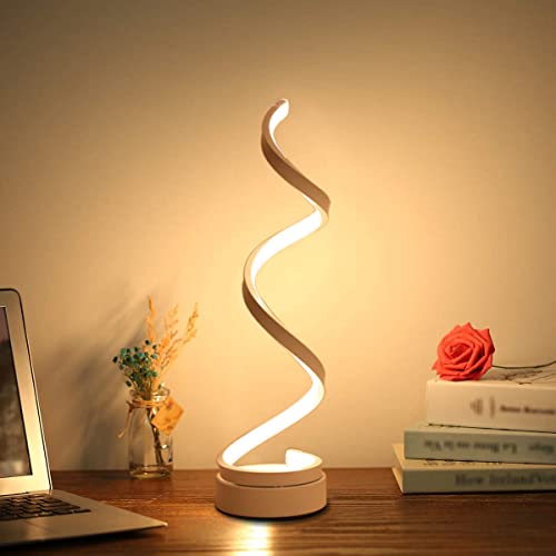 ELINKUME LED lámpara de mesa, curvo LED lámpara de escritorio regulable, diseño minimalista moderno, 12W espiral luz blanca cálida, Creative acrílico LED modelado lámpara de cabecera (blanco)