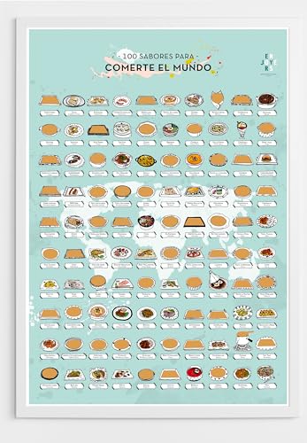 ENJOYERS - Lamina Rascable 100 Sabores para Comerte el Mundo. Lamina para Rascar 65x45cm. Laminas Decorativas Pared. Mapa Poster Ilustrado a Mano. Regalo Gastronómico. Con marco de madera blanco.