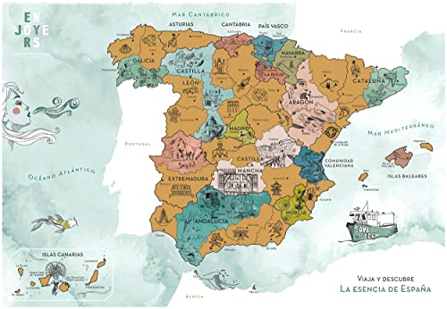 ENJOYERS - Mapa España para Rascar. Mapa Rascable La Esencia de España Ilustrado a Mano. Laminas Decorativas Pared 65x45 cm. Lamina Viajes Regalo para Viajeros. Solo Lamina Sin Marco.