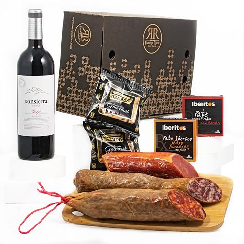 ENRIQUE RECH - Cesta Gourmet para Regalar - Embutidos Artesanal - Vino Tinto Rioja Crianza - Pate Virutas Jamón 70g - Pate Ibérico Pedro Ximenez 70g y 2 Picos de Pan Rustico Obando - Cesta Regalo