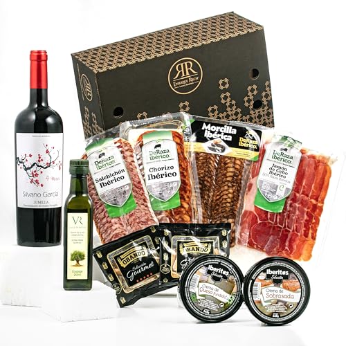 ENRIQUE RECH - Cesta Gourmet para Regalar – Lote Embutidos Ibericos - Cremas de Queso y Sobrasada – Picos Artesanos – Vino Tinto y Aceite Oliva Virgen Extra - Cesta Regalo