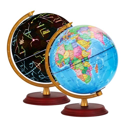 EXERZ 20cm Globo terráqueo iluminado base madera - Mapa Español - Mapa Político (durante el día) - Constelación de estrellas (Noche) - Lámpara LED luz