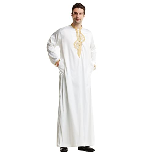 FASLOLSDP Vestido musulmán para hombre, cómodo, abaya, musulmán, vestido árabe, con manga larga, tradicional, sullán Saudí Oriente Medio, étnico, Blanco-6., XXL