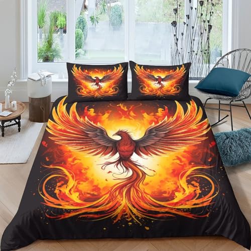 Fenice Della Fiamma 3D Stampa Digitale mitologia nordica Set Copripiumino Copripiumino 3 Pezzi con Cerniera Set Di Biancheria Da Letto Microfibra Morbido E Federe per Bambini Double（200x200cm）