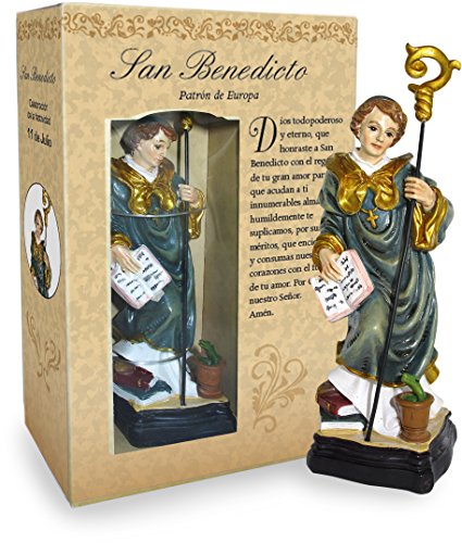 Ferrari & Arrighetti Estatua de San Benito de 12 cm en caja de regalo con marcador, figura religiosa con caja de regalo decorativa, textos en español