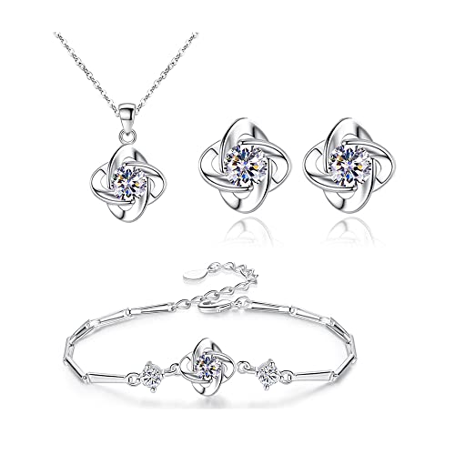 FFWTPY Conjunto de Joyas de Trébol de Cuatro Hojas de Plata para Mujer Juego de Cristal Collar Colgante Pendientes y Pulsera de Boda Juego de Joyas con Circonitas para Niñas Novia (Blanco)