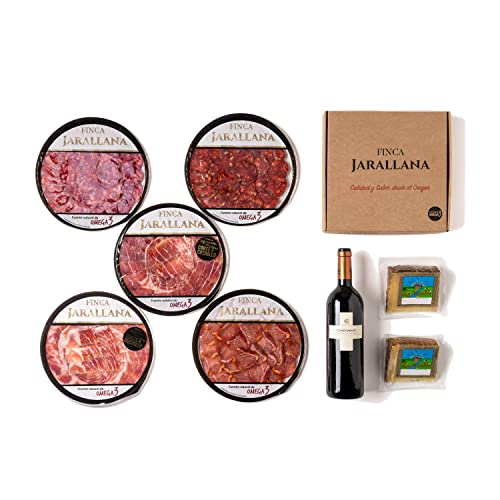 Finca Jarallana - Surtido de Ibéricos Loncheados de Jamón, Paleta, Chorizo, Salchichón, Lomo y Queso - 5 Platos de 100 g - Con 1 Botella de Vino Tinto