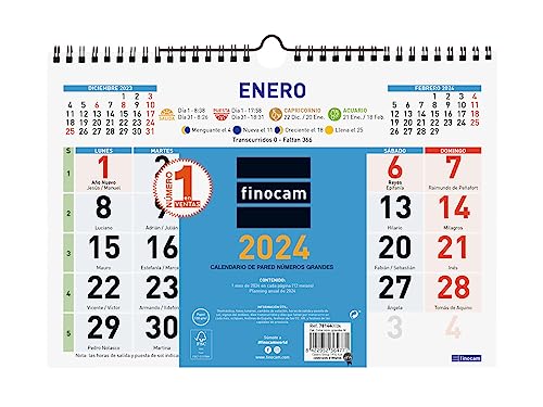 Finocam - Calendario 2024 Color de Pared Números Grandes Enero 2024 - Diciembre 2024 (12 meses) Color Español