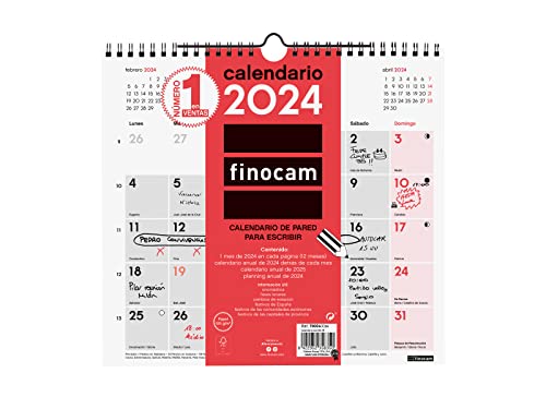 Finocam - Calendario 2024 Neutro de Pared para Escribir Enero 2024 - Diciembre 2024 (12 meses) Español