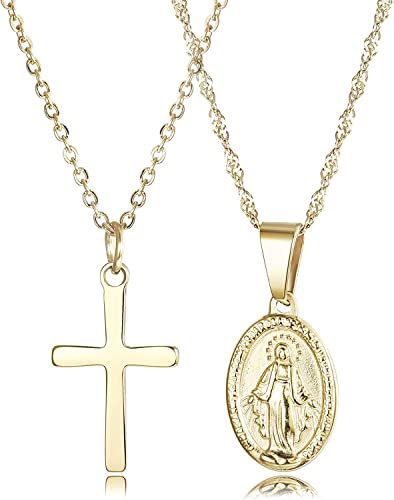 Finrezio Colgante Virgen María Collar Cristiano Chapado Oro 14 Quilates Joyería Cristiana Católica Collar Cruzado Collar Milagrosa Colgante Collar para Mujer Conjunto Collar Multicapa