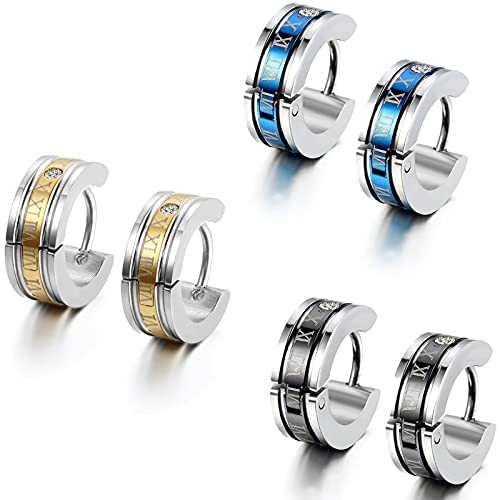 Flongo Pendientes para hombre, elegantes pendientes de acero inoxidable con números romanos, Color plata, oro, azul, joyería elegante