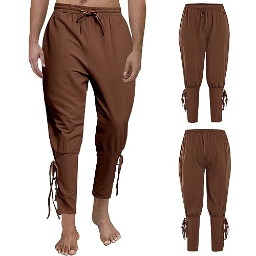 FORMIZON Pantalones Medievales para Hombre, Pantalón Pirata Vikingo Medieval con Bolsillos, Pantalones de Correa de Tobillo Retro, Bombachos Renacentistas Textura de Algodón y Lino, S-3XL (Marrón, L)