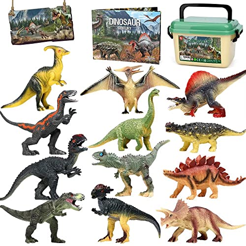 FRUSE Dinosaurio de Juguete,12 Educativas Figuras de Dinosaurio Realistas con T-Rex, Carnotaurus, Libro de Dinosaurio, Dinosaurios Juguetes para Niños y Niñas de 3 4 5 6 7 Años