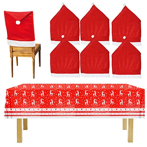 Funda Silla Navidad CHALA 6PCS Cubierta de Gorro de Santa Claus Funda para Silla Navideña/Mantel de Copo de Nieve de Alce(120x180 cm)para Decoraciones de Mesa/Cocina de Comedor de Navidad ( 60x50 cm)