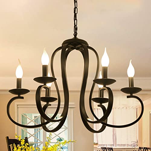 Ganeed Candelabros de 6 luces, candelabro de metal vintage de estilo francés, luz colgante estilo vela con acabado negro para granja, comedor, isla de cocina, vestíbulo