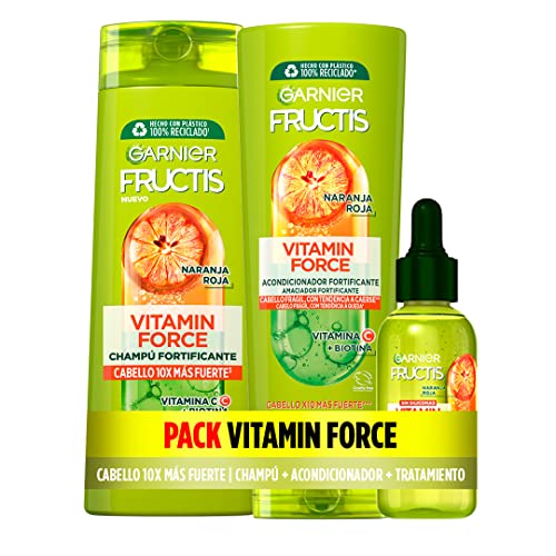 Garnier Fructis Pack de 3pcs Champú, Acondicionador, Tratamiento Anticaída para Pelo con Tendencia a caerse, Naranja Roja, Vitamina C y Biotina, Limpia, Nutre, Multicolor