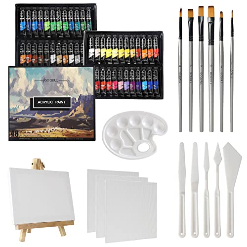 GC QUILL 48 Colores Pintura Acrílica 12 ml x 48 tubos con 6 Pinceles de Pintura, Cuchillos de Paleta, Lienzo, Caballete, para Pintura de Artista Sobre Madera, Cerámica, Tela GC-APK48