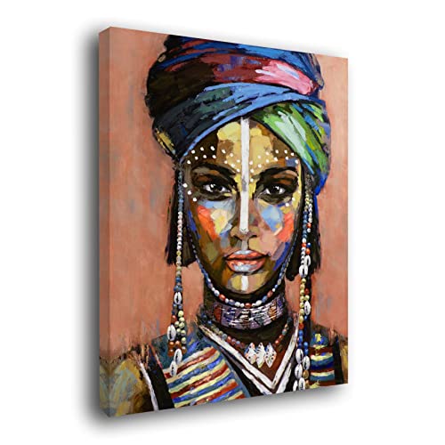 Genérico Cuadro lienzo canvas Pintura Chica Africana Colores con collares y maquillajes - Alta resolución – Varias medidas (59_x_80_cm)