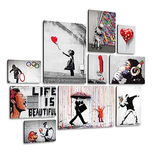 Giallobus - Conjunto de 10 pinturas de paneles múltiples - Banksy - Colección 1 - Madera de MDF - | 2 x 42x29,7cm | 4 x 29,7x21cm | 4 x 21x14,85cm | - Listo para colgar - Cuadros para el hogar moderno