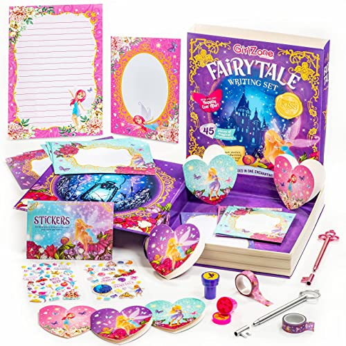 GirlZone Regalos para Niñas Papelería Bonita Cuento de Hadas 45 piezas Set de Escritura con Papel Carta, Pegatinas y Manualidades de Sellos en Mágica Caja de Cuentos