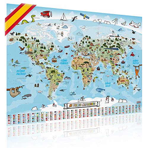 GOODS+GADGETS Mapa Mundial Panorámico para Niños XXL - 140x100cm Mapa Mundial para Niños Completamente Dibujado a Mano y Coloreado (Español)