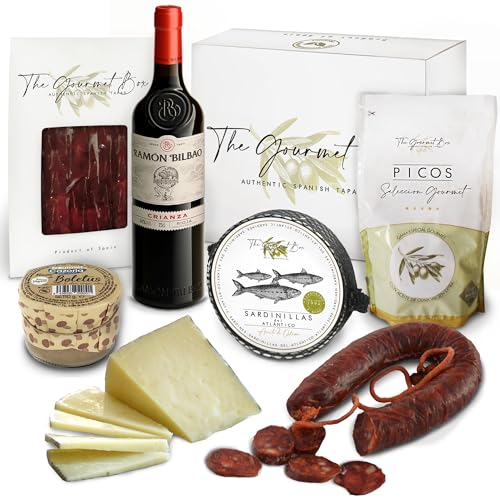 GOURMET BOX | Cesta Gourmet con Conservas | Regalo Ideal Para Ocasiones especiales | Productos Ibéricos Delicatessen, Queso de Oveja 100%, Patés (Morcilla y Perdiz) Sardinillas, Vino y Picos Gourmet