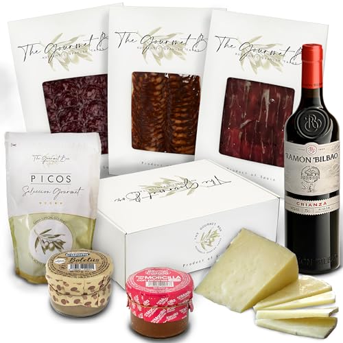 GOURMET BOX | Cesta Gourmet para Regalar | Jamon Selección Gourmet, Salchichon y Chorizo Iberico de bellota, Queso de Oveja 100%, Patés de Boletus y Morcilla, Picos Artesanos y Vino Ramon Bilbao