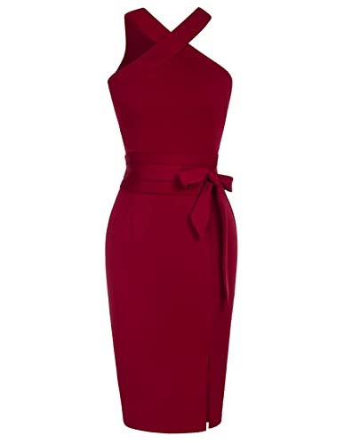 GRACE KARIN CL1586S23 Vestido para mujer con cuello halter, sin mangas, cintura definida, ajustado a la figura y envolvente en la cadera, con cinturón, rojo, XL