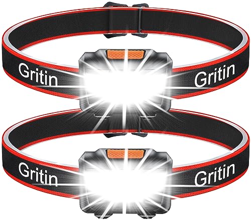 Gritin Linterna Frontal LED, [2 Pack] Linterna Cabeza COB Super Brillante con 3 Modos, Ligera y Impermeable para Correr, Acampar, Pescar, Ciclismo