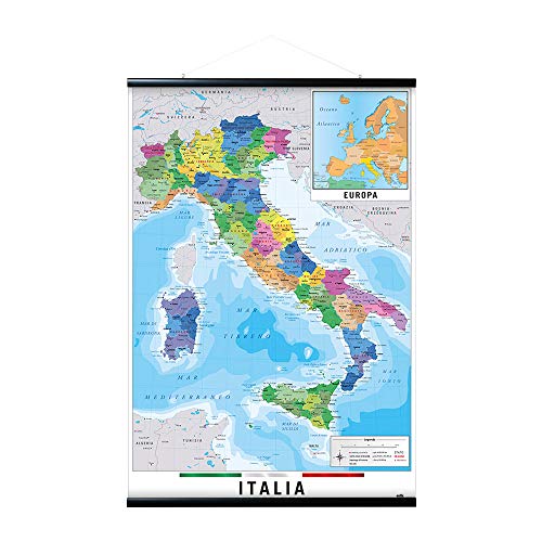Grupo Erik - Pack Póster Mapa Italia físico político con colgador de madera magnético negro, vertical (61x91,5 cm)