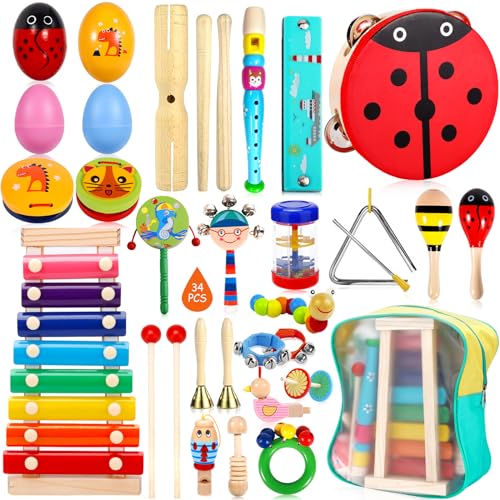 GUHAOOL Juguetes Instrumentos Musicales, 34PCS Instrumentos Musicales Madera para Niño, Educativo Musical para Bebés, Juguetes Madera Bebe, Juguete y Regalos para Niños de Navidad y Cumpleaños etc