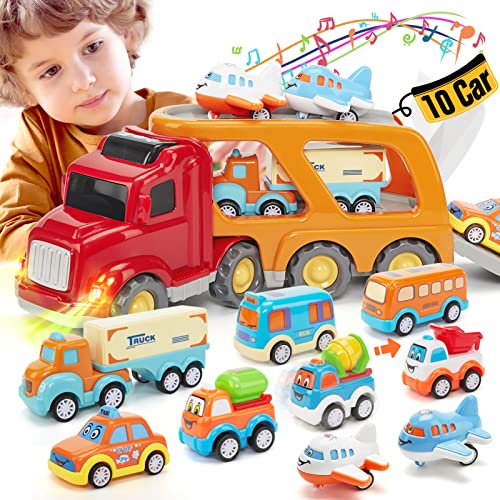 hahaland Camión Juguetes para Niños 2 Años, 10 en 1 Coches de Juguetes con Luces y Sonidos, Camion de Transporte Grande con 9 Autos Pequeños de Tracción y Fricción Regalo para Niños 1 2 3 4 5 Años