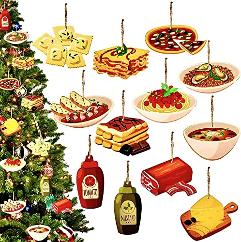 Haooryx 37 piezas de adornos de madera de comida italiana de Navidad, adornos decorativos italianos, pizza, pasta, rebanadas colgantes, árbol de Navidad, suministros de decoración