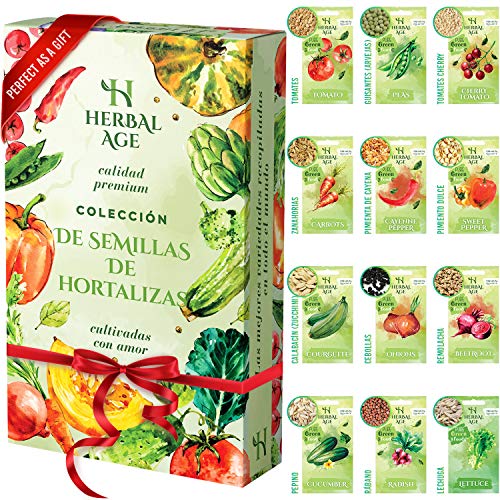 HERBAL AGE Kit Semillas Huerto Urbano De 12 Vegetales, 5100 Ecologicas Semillas De Tomate, Pepino, Lechuga, Tomates Cherry, Kit Huerto En Casa Pack, Regalo de Otoño, Invierno, Primavera y Verano