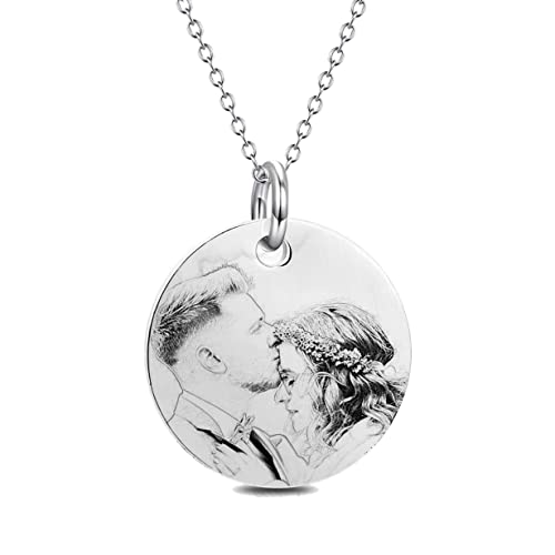 Heywords Collar personalizado con foto de amor Mujeres Hombres Grabado Conmemorativo Regalos Significativos Colgante de Moneda Círculo Personalizado Novio Cadena de Joyas Plata de Ley Disco, 45cm