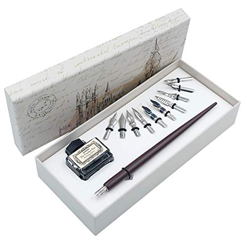 hhhouu Juego de Bolígrafos de Caligrafía de Plumas Vintage, Plumas de Madera con Tinta y 11 Plumillas para Arte, Escritura, Firma, Decoración, Regalo HO-Q-301