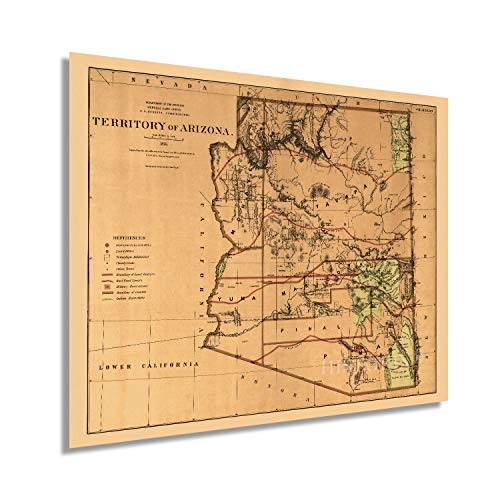 HISTORIX Mapa del territorio de Arizona Vintage de 1876 – 24 x 30 pulgadas – Mapa antiguo del territorio de Arizona – Mapa histórico de Arizona – Arte de pared de los documentos oficiales de la