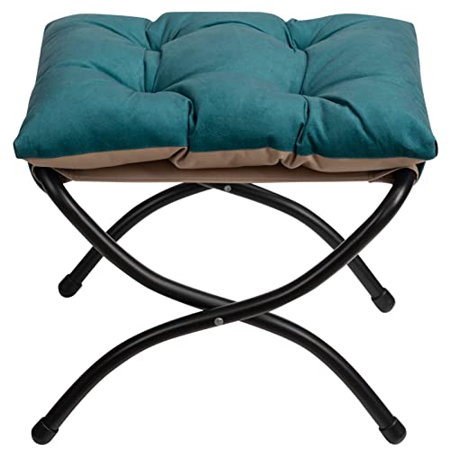 HollyHOME Reposapiés Plegable Taburete con Patas de Metal, Pequeño Asiento Otomano Moderno, Azul Pavo Real(47 x 36 x 36 cm)